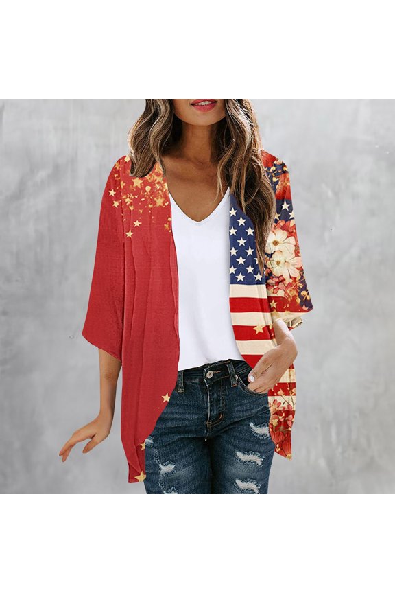 4th of July Women's American Flag Print Kimono Cover Up Cardigan