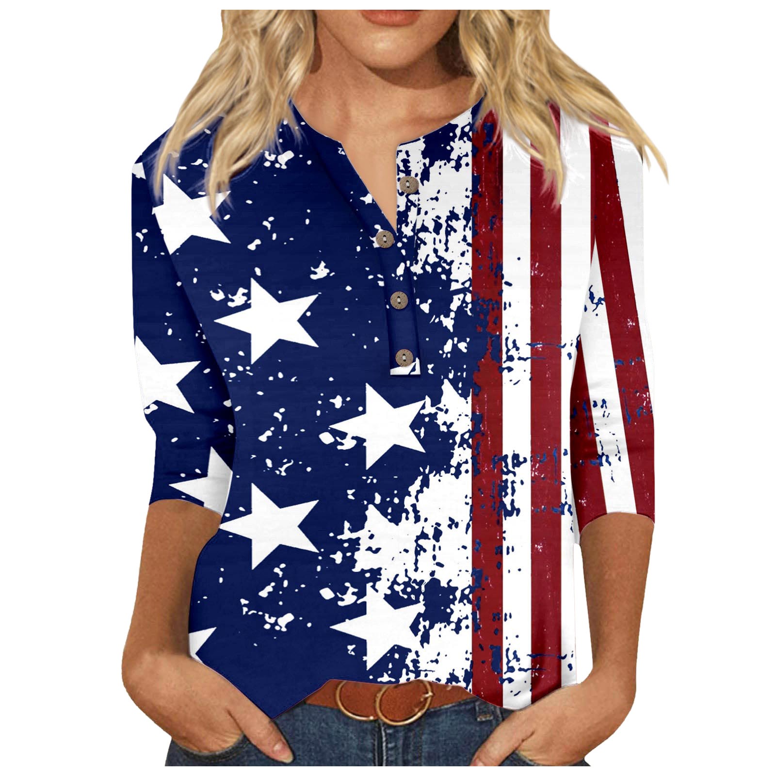 4th of July Women's Casual V Neck Independent Day Printed Button Up 3/4 ...