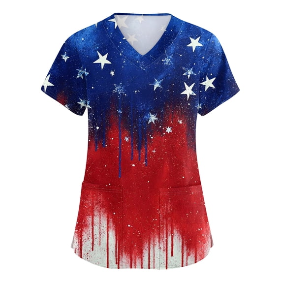 4th of July Women's Medical Scrub Tops 250 Anniversary USA Scrubs Shirts V-Neck Short Sleeve Nurse Uniform with Pockets 02-Royal Blue S