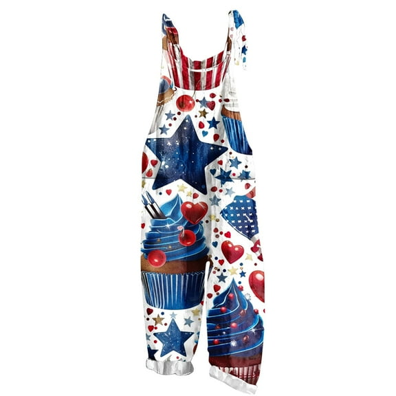 4th of July Women's Overalls - Flag Print Adjustable Straps with Pockets