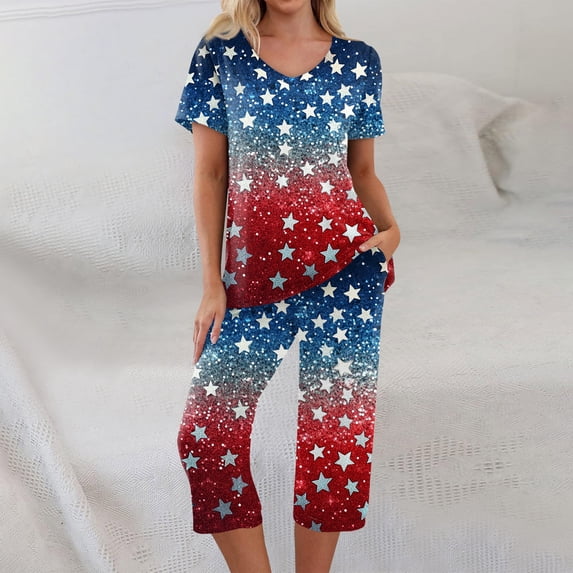 4th of July Women's Pajama Sets 2026 Lounge Sleepwears Independece Day US Star Flower Printed Plus Size Short Sleeve Top and Capri Pants Pajama Set