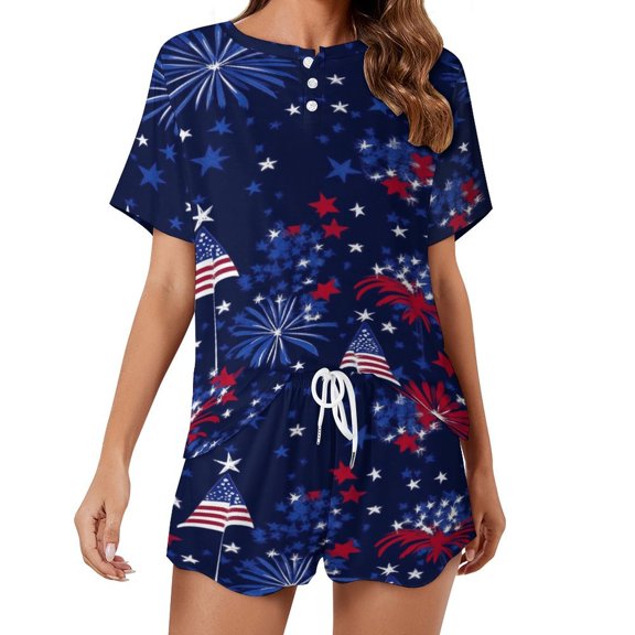 4th of July Women's Ruffle Short Sleeve Tops And Shorts Cute Peeps Bunny Pajamas Sets