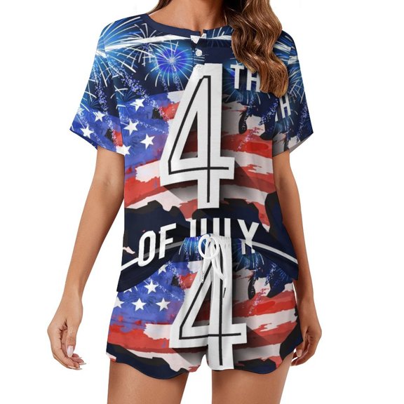 4th of July Women's Ruffle Short Sleeve Tops And Shorts Cute Peeps Bunny Pajamas Sets