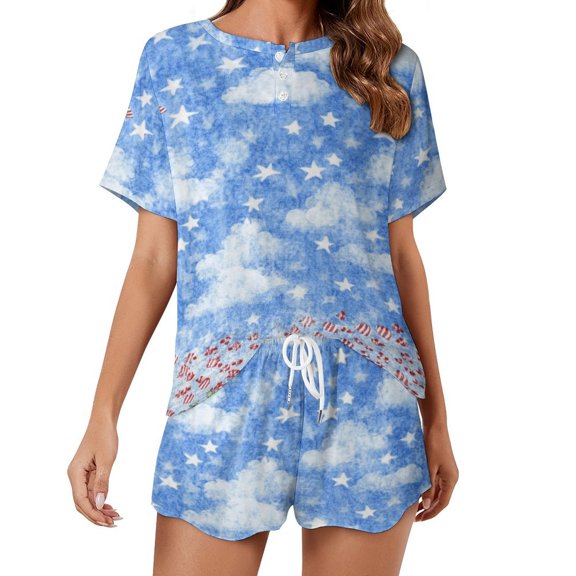 4th of July Women's Ruffle Short Sleeve Tops And Shorts Cute Peeps Bunny Pajamas Sets