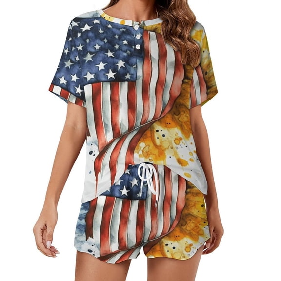 4th of July Women's Ruffle Short Sleeve Tops And Shorts Cute Peeps Bunny Pajamas Sets