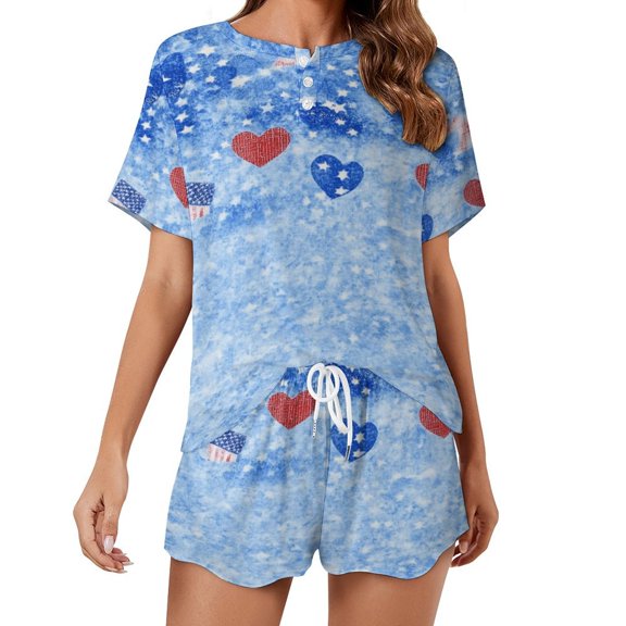 4th of July Women's Ruffle Short Sleeve Tops And Shorts Cute Peeps Bunny Pajamas Sets