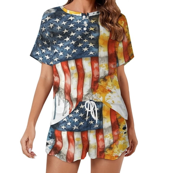 4th of July Women's Ruffle Short Sleeve Tops And Shorts Cute Peeps Bunny Pajamas Sets