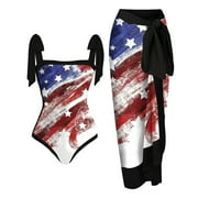 WYONGTAO 4th of July Women's Sexy One-piece Swimsuit Lace Up Printed Swimsuit Floral Long Skirt Two-piece Sets Swimwear Bikini