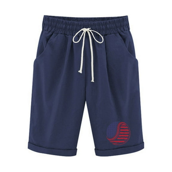 4th of July Womens Cotton Linen Shorts High Waist Drawstring Printed Casual Loose Summer Knee Length Shorts with Pockets