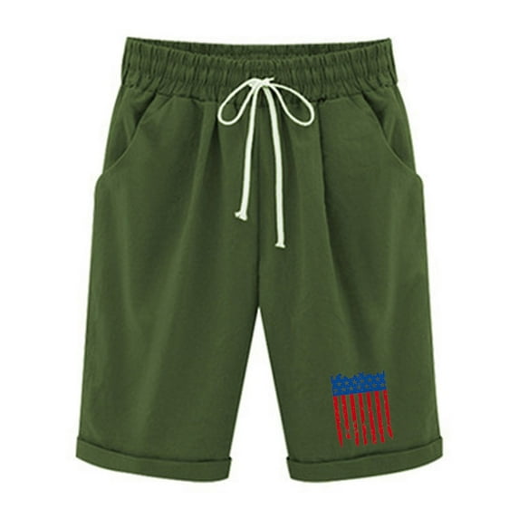 4th of July Womens Cotton Linen Shorts High Waist Drawstring Printed Casual Loose Summer Knee Length Shorts with Pockets