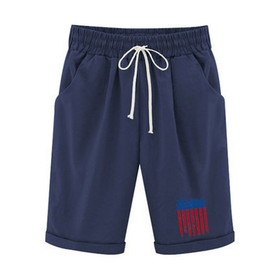 4th of July Womens Cotton Linen Shorts High Waist Drawstring Printed Casual Loose Summer Knee Length Shorts with Pockets