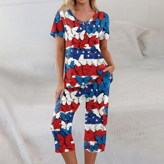 4th of July Womens Pajama Sets Sleepwear Pajamas Red Blue Star and Stripes Print Short Sleeve Tops Capri Pants Pjs Set with Pockets
