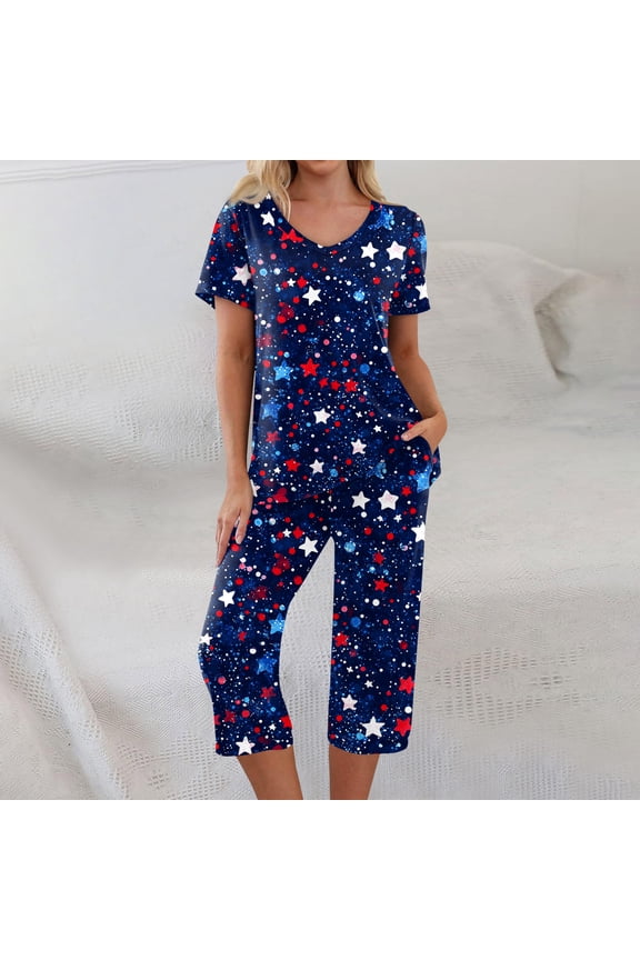 4th of July Womens Pajama Sets Sleepwear Pajamas Red Blue Star and Stripes Print Short Sleeve Tops Capri Pants Pjs Set with Pockets