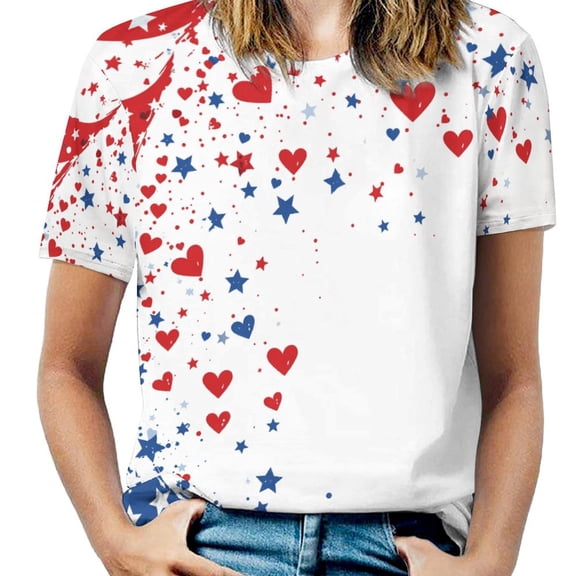4th of July Womens Tops Women's Fashion Casual Short Sleeve Flower Print Round Neck Pullover Top Blouse