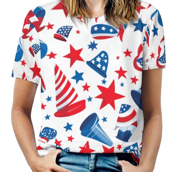 4th of July Womens Tops Women's Fashion Casual Short Sleeve Flower Print Round Neck Pullover Top Blouse