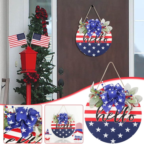 4th of July Wooden Door Hanger, Patriotic Independence Day Wall Decor Sign, Red White Blue Rustic Farmhouse Hanging Plaque, July 4th Decor