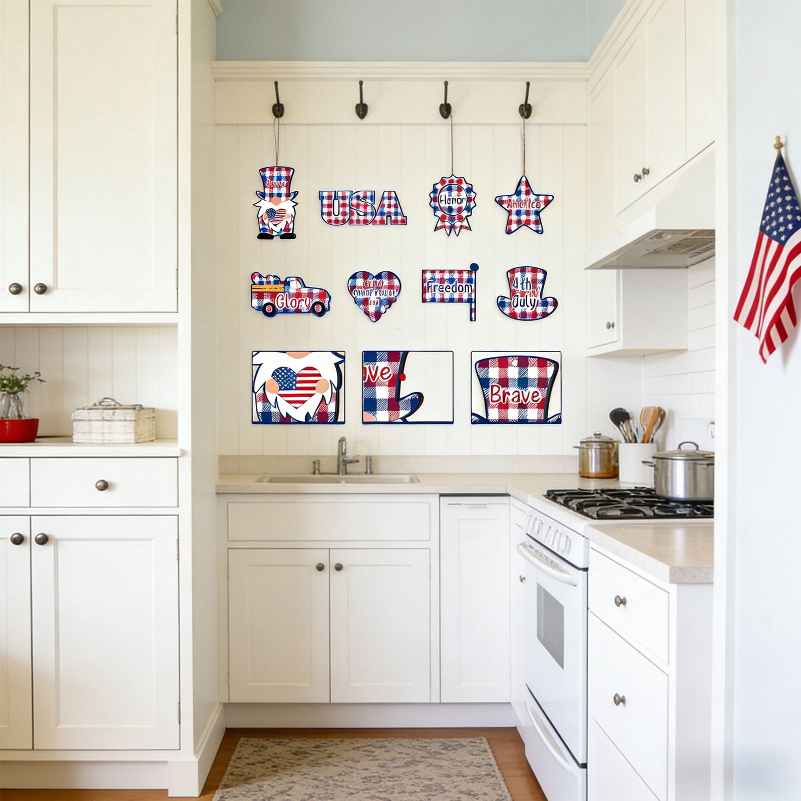 4th of July Wooden Hanging Ornaments Set of 8, Patriotic Independence Day Decorations with USA Flag, Gnome, Star, Heart for Indoor Outdoor Home Party