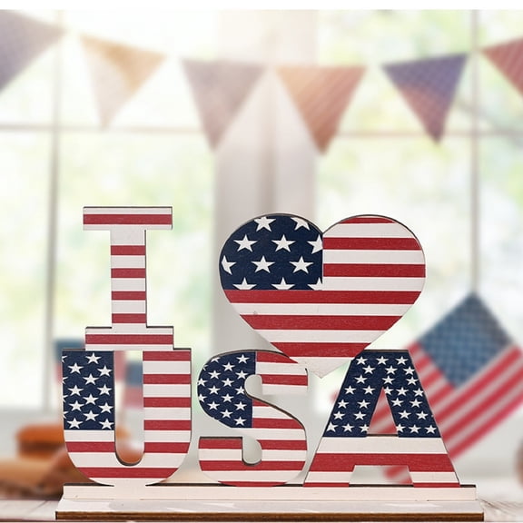 4th of July Wooden Letters 7.8x5.5in – American Flag Red White Blue Decor, Independence Day Patriotic Tabletop Accent