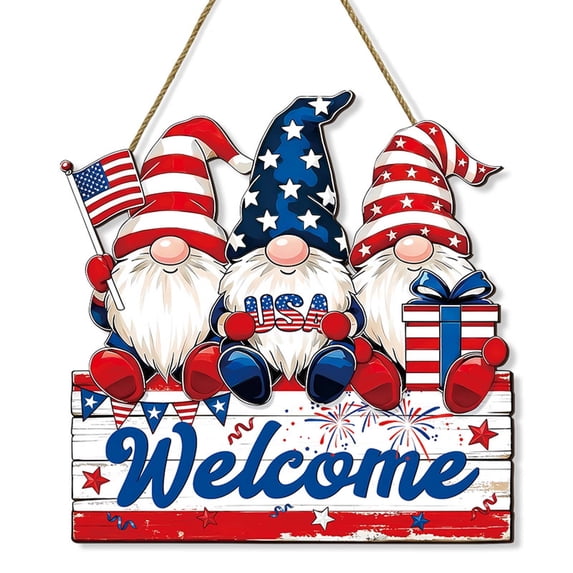 4th of July Wooden Wreath Sign, Red White Blue Star Welcome Wreath for Front Door, Patriotic Memorial Day Porch Decor, Independence Day Wall Hanging