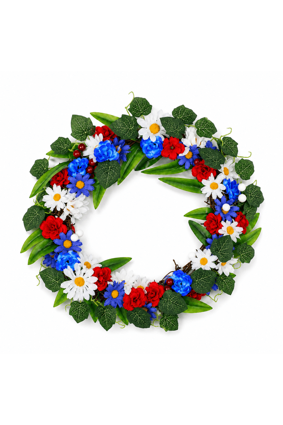 4th of July Wreath for Front Door Patriotic Door/Porch Decor Red White Blue Flower Welcome Wall Wreath for Independence Day Memorial Day Design 2