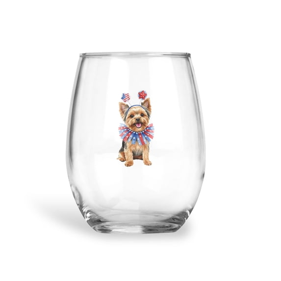 4th of July Yorkshire Terrier Celebrates Independence Day 15oz Stemless Wine Glass Mug Yorkie Dog Lover Gifts Wine Glasses Cup - 12010