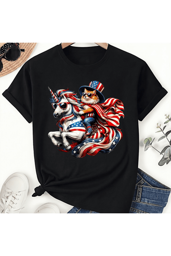 4th of july Cat Riding Unicorn Patriotic Cape Unisex T-Shirt Suitable for Men and Women