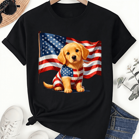 4th of july Golden Retriever Puppy American Flag Unisex T-Shirt Suitable for Men and Women