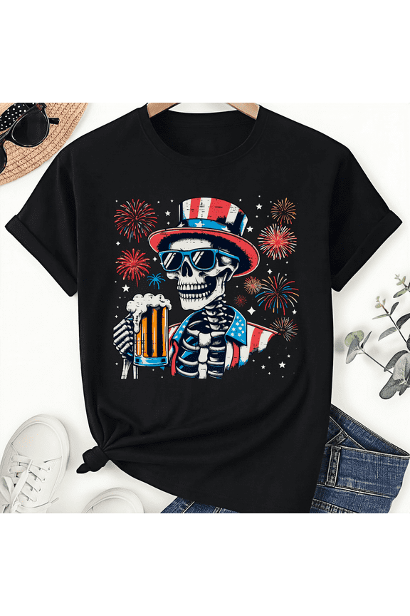 4th of july Skeleton Uncle Sam Patriotic Fireworks Unisex T-Shirt Suitable for Men and Women