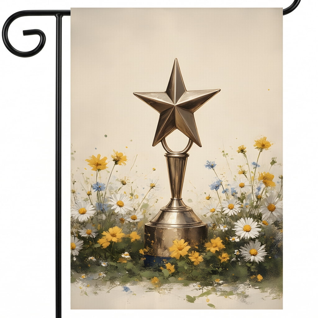 4th of july garden flag A gold star trophy surrounded by daisies in a field. - independence day flag Large 28x40 Inch Decor Size americana home decor