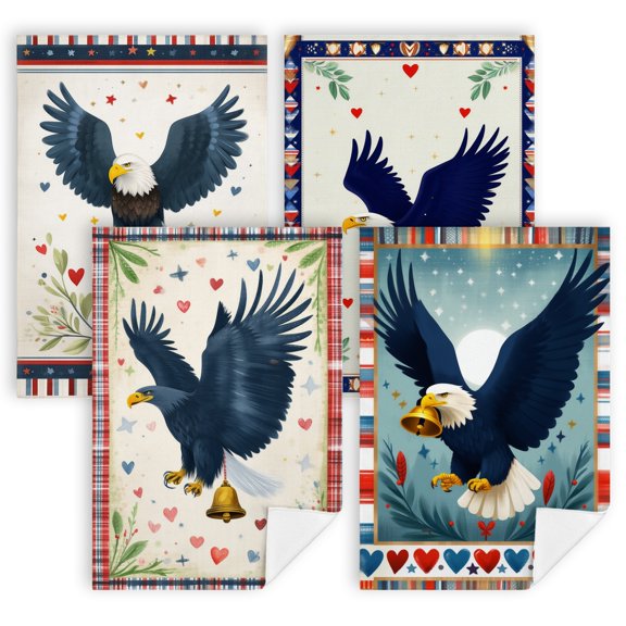4th of july hand towel A bald eagle with a bell in its talons kitchen towels and dishcloths sets Set of 4 16x24 Inch red white and blue home decor