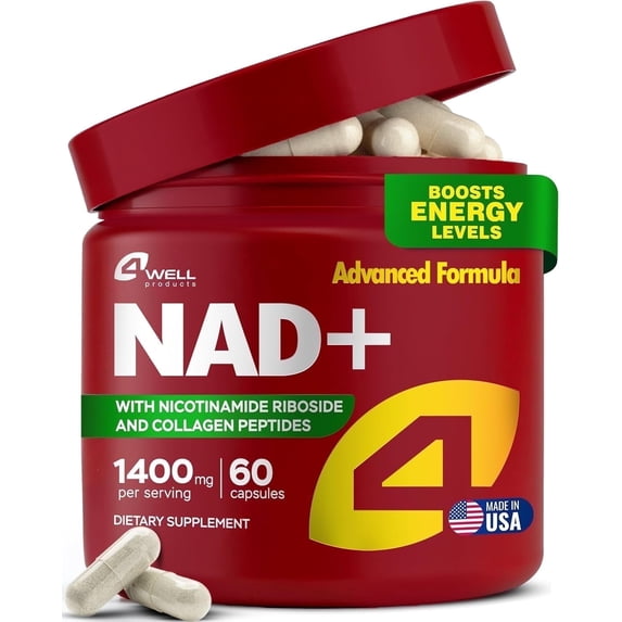 4Well 𝗡𝗔𝗗 𝗦𝘂𝗽𝗽𝗹𝗲𝗺𝗲𝗻𝘁 1400mg Supports Healthy Aging Complex - NAD Supplements With Collagen Peptides, NAD+ Plus Formula for Cellular Energy & Skin Health - Made in USA 60 Capsules