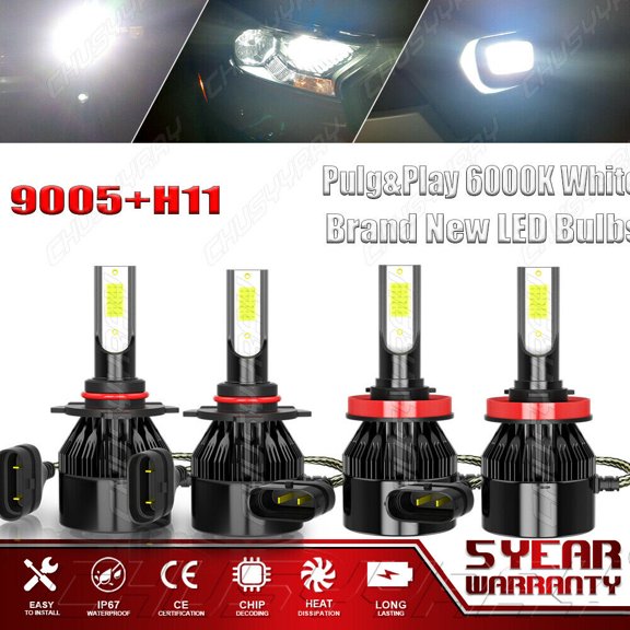 4x 2-Sides LED Headlight Bulbs Conversion Kit 9005 H11 6000K Hi/Low Beam Bright