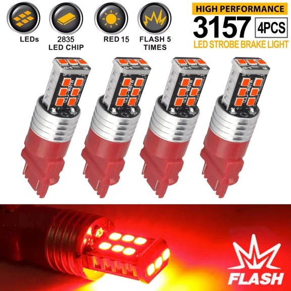 4x 3157 LED Red Strobe Flash Brake Stop Tail Blinking Light Safety Warning Bulbs
