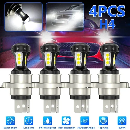 4x 4-Sides H4 9003 LED Headlight Bulbs High Low Beam Conversion Kit 6000K White