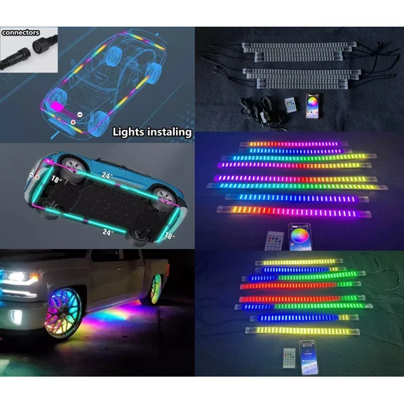 Tzvmny 4PCS 45CM 18" + 4PCS 60CM 24" IP68 waterproof Brighest QUAD ROW Multicolor Changes Dream CHASING Flowing Universale Fitments WS2811LED Car Trucks Underbody LED Strips Lights Underglow Kit