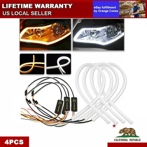 4x 60cm Flexible LED Switchback Car DRL Tube Light Strip White Amber Turn Signal