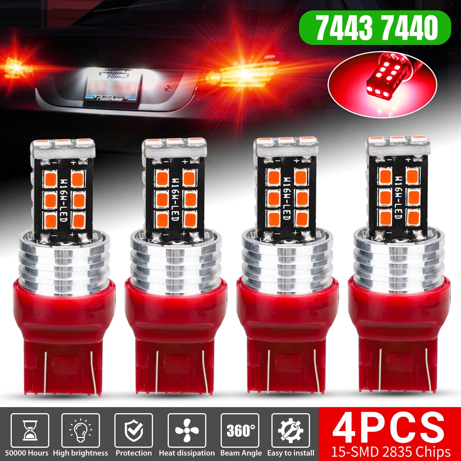 4x 7443 7440 LED Strobe Flashing Brake Stop Tail Parking Light Bulbs
