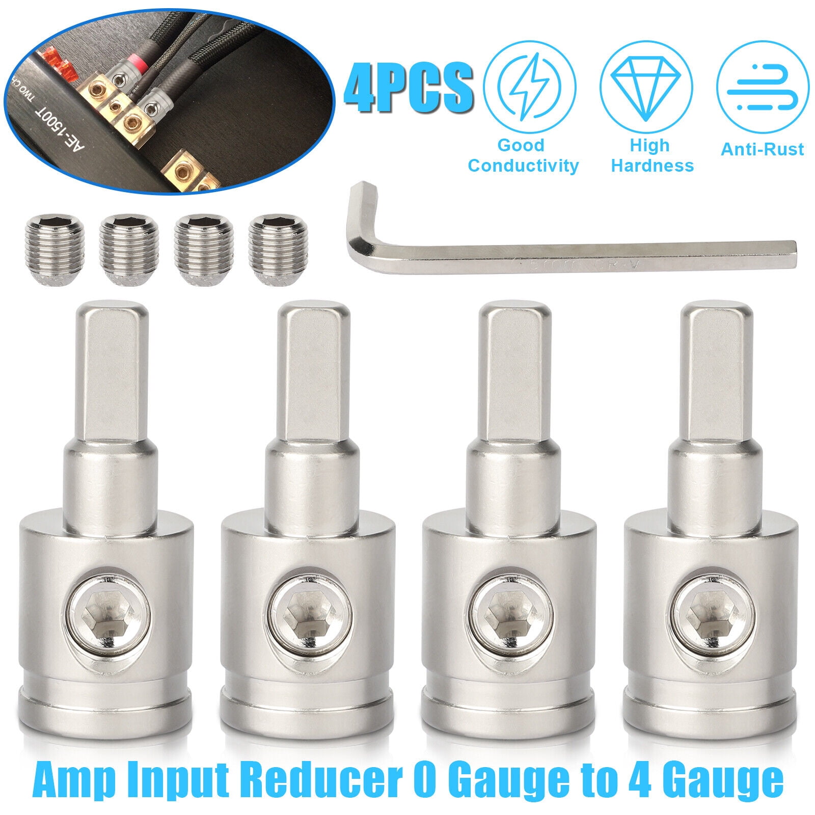4x Car Audio Power and Ground 0 Gauge to 4 Gauge Amp Input Reducers Wire Reducer