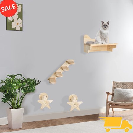4x Cat Climbing Shelves Wall Mounted Cats Ladder and Scratching Post with Sisal