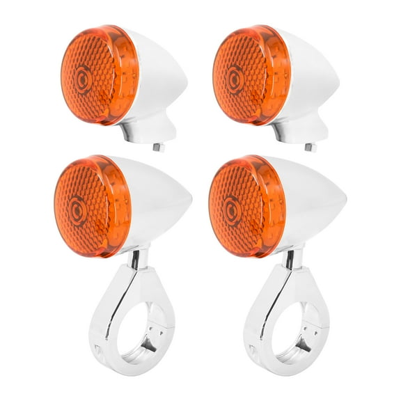 4x Chrome Front Rear LED Turn Signal Light 39 41mm Fork w/ Amber Lens For Harley
