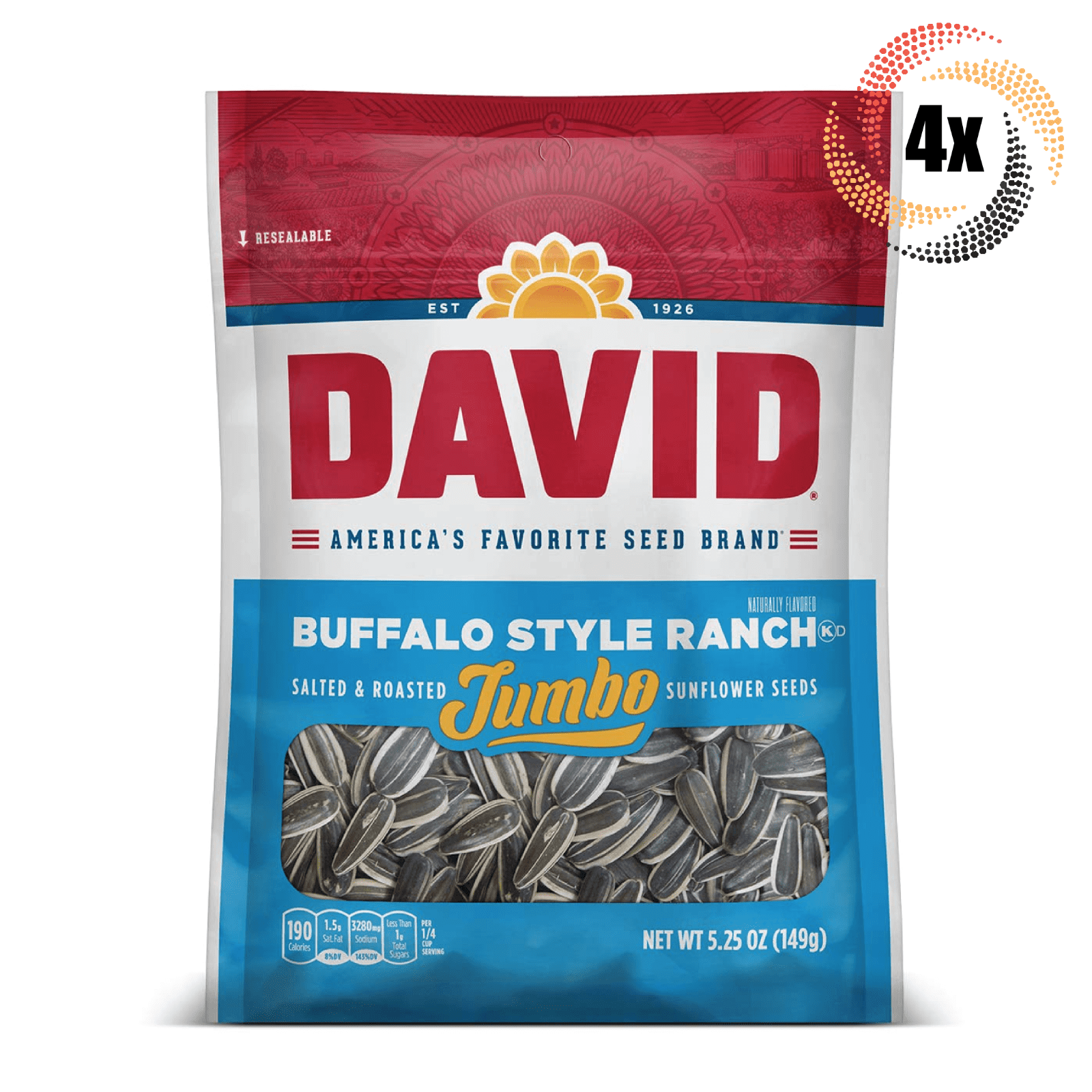 4x David Jumbo Buffalo Style Ranch Sunflower Seed Bags 5.25oz Salted ...