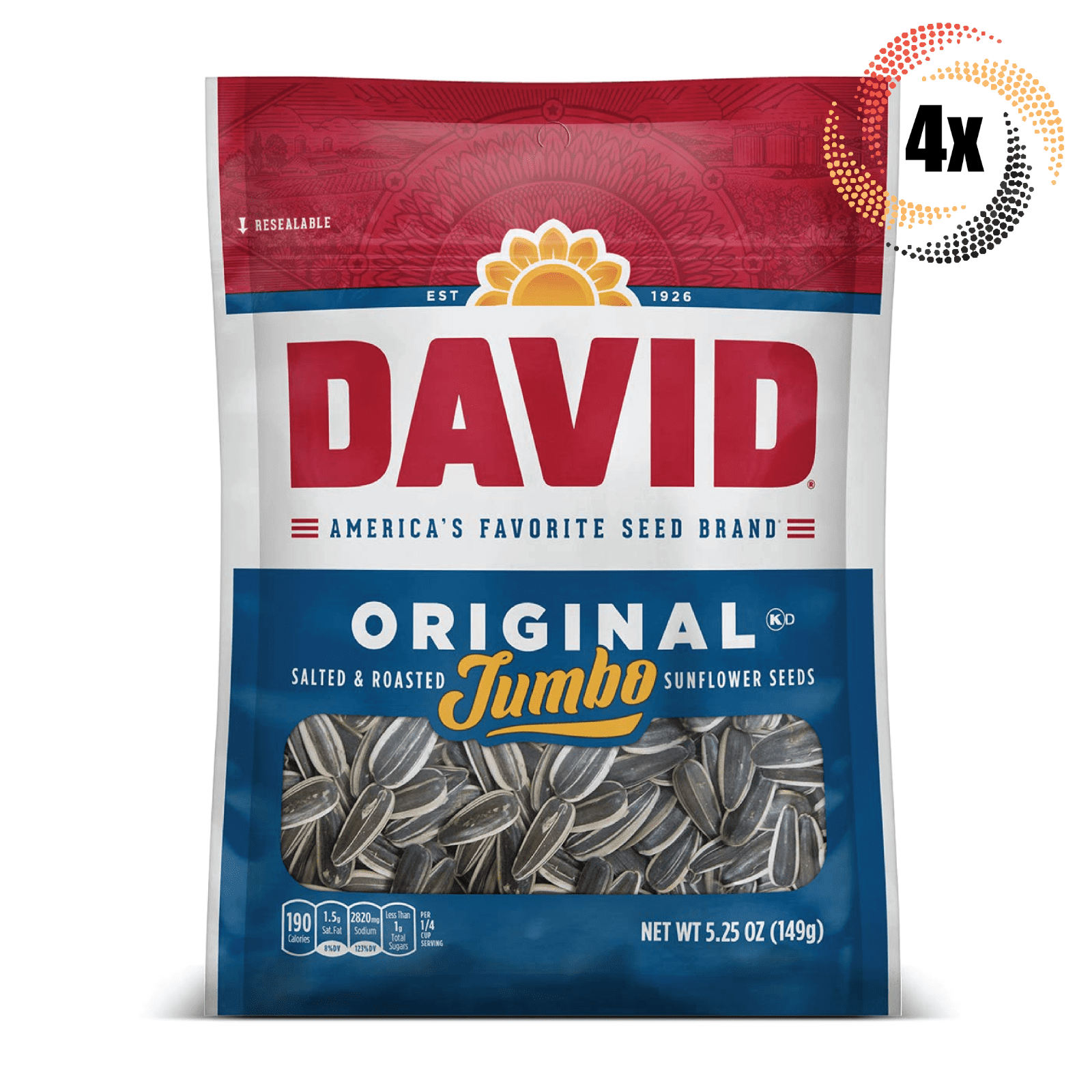 4x David Jumbo Original Flavor Sunflower Seed Bags 5.25oz Salted \u0026 Roasted!