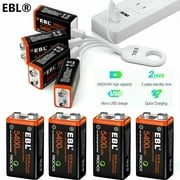 4x EBL USB Rechargeable 9V Volt Lithium Batteries 5400mWh + Micro Charging Cable