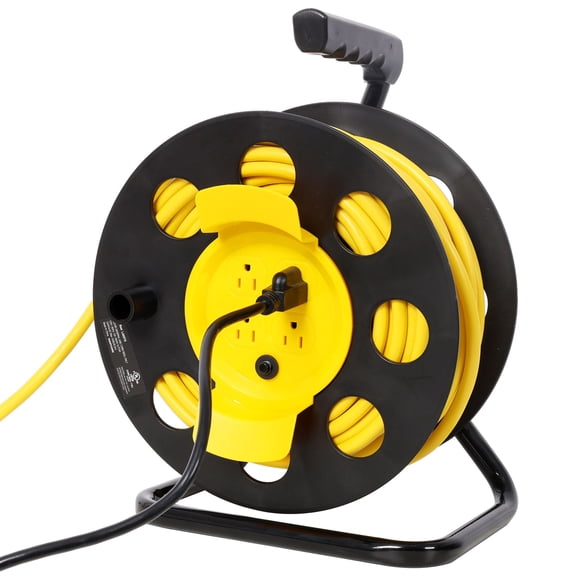 4x Grounded Outlets 100FT Length Cable Heavy Duty Retractable Extension Cord Reel,12AWG,12A, with 4pcs Outlets and Dust Cover,Portable Handle and Safety Overload Circuit Breaker, UL certificate