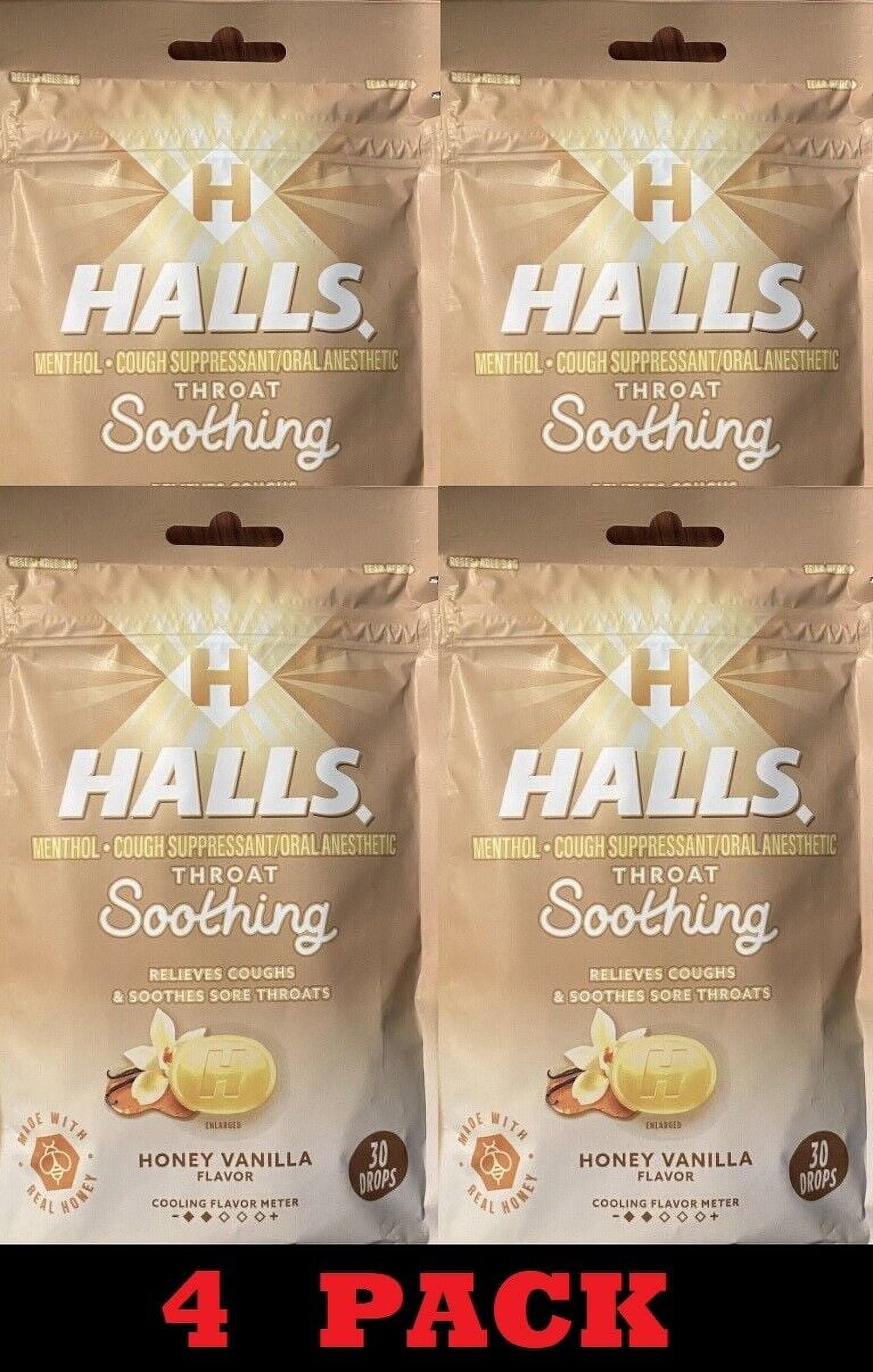 4x Halls HONEY VANILLA Throat Soothing Lozenges Menthol Cough