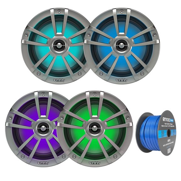 4x Infinity Reference 6.5" Coaxial Waterproof Marine Boat LED Speakers - Titanium, with Enrock 16-G 50 Ft Tinned Wire