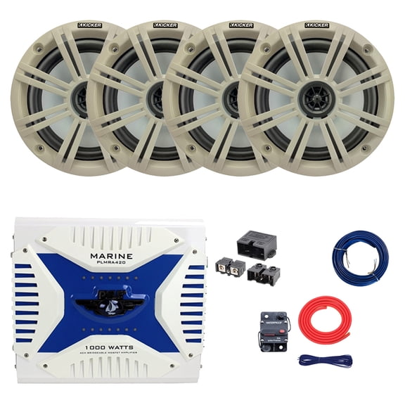 4x Kicker 6.5" 195 Watt Max Power 4 Ohm Coaxial Speakers w/White Grilles, 4 Channel 1000W Bridgeable Mosfet White Boat Amplifier, 8 Gauge Amplifier Wiring Kit, Quick Disconnect Power Block, Wire