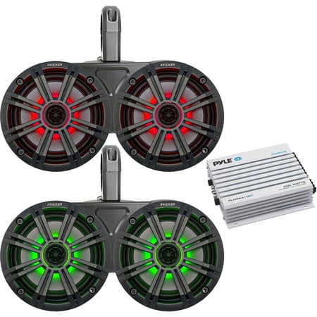 4x Kicker 6.5" OEM Replacement 195W Coaxial 2-Way MultiColor LED Speakers (Charcoal Grilles) with Weather-Proof Black Twin Tower Enclosures, Pyle 400W Bluetooth 4-Channel Amplifier