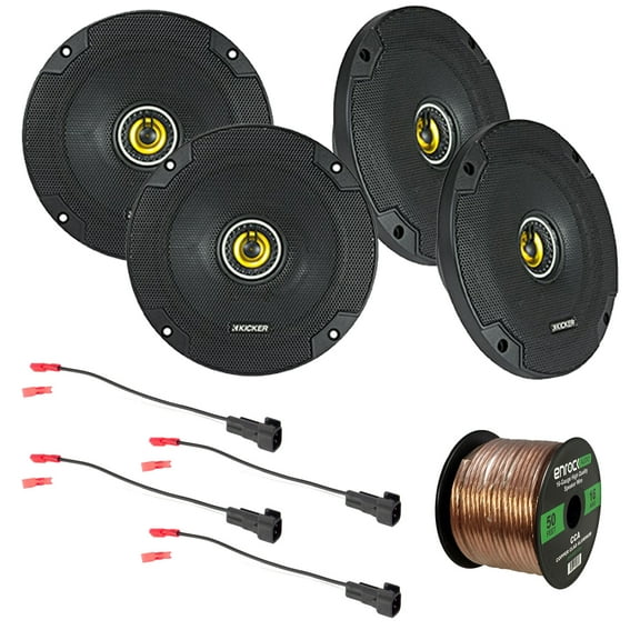 4x Kicker 600-Watt 6.5" 2-Way Coaxial Speakers, Enrock Speaker Harness, 16 Gauge 50 Foot Speaker Wire - Fits Select 1998-UP Ford Vehicles