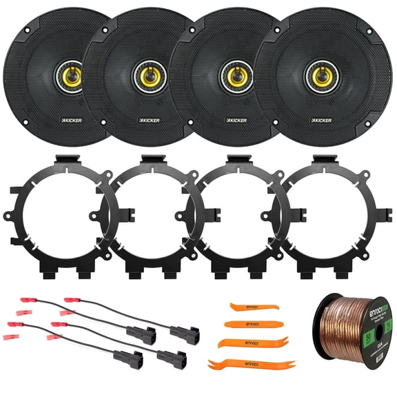 4x Kicker CSC65 CS Series 6.5" 300 Watt Max Power 4 Ohm 2-Way Coaxial Speakers, 4x Speaker Wire Harness, 4x 5.25" or 6.5" Speaker Mounting Bracket Adaptors, 50 Feet 16G Speaker Wire, Pry Tool Set